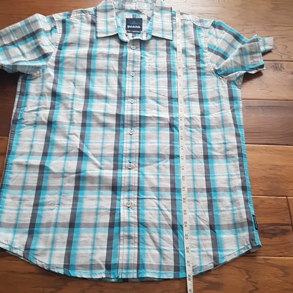 Men's Prana Short Sleeve Blue Plaid Organic Cotton Blend Button Down Size S - Picture 7 of 13